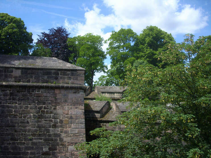 Blick vom Vestnertorgraben auf die Wehrmauern und die Groe Burgbastei (August 2013)